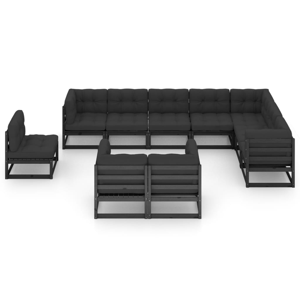 10-tlg. Garten-Lounge-Set mit Kissen Schwarz Kiefer Massivholz